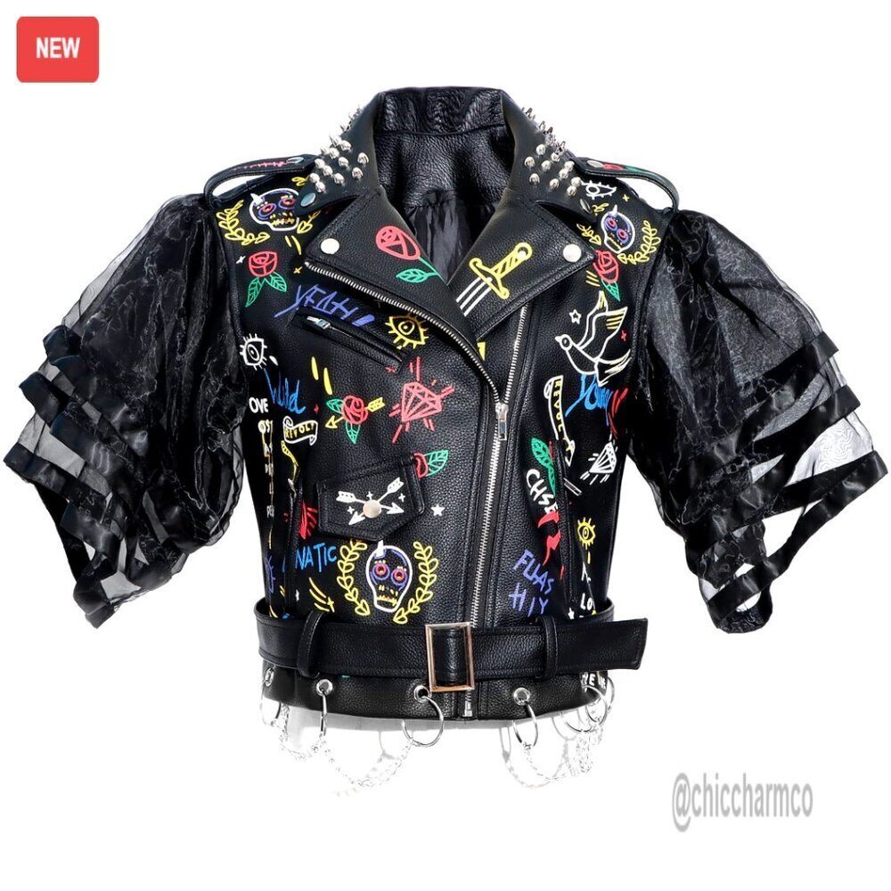 Faux Leather Punk Biker Moto Jacket Studded Rivet Graffiti Long Sleeve Coat